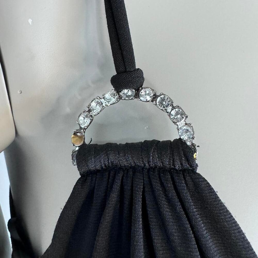 Y2K Black Rhinestone Strap Mini Dress 7/8 Bubble Hem Cocktail Party Clubwear LBD - Picture 4 of 8